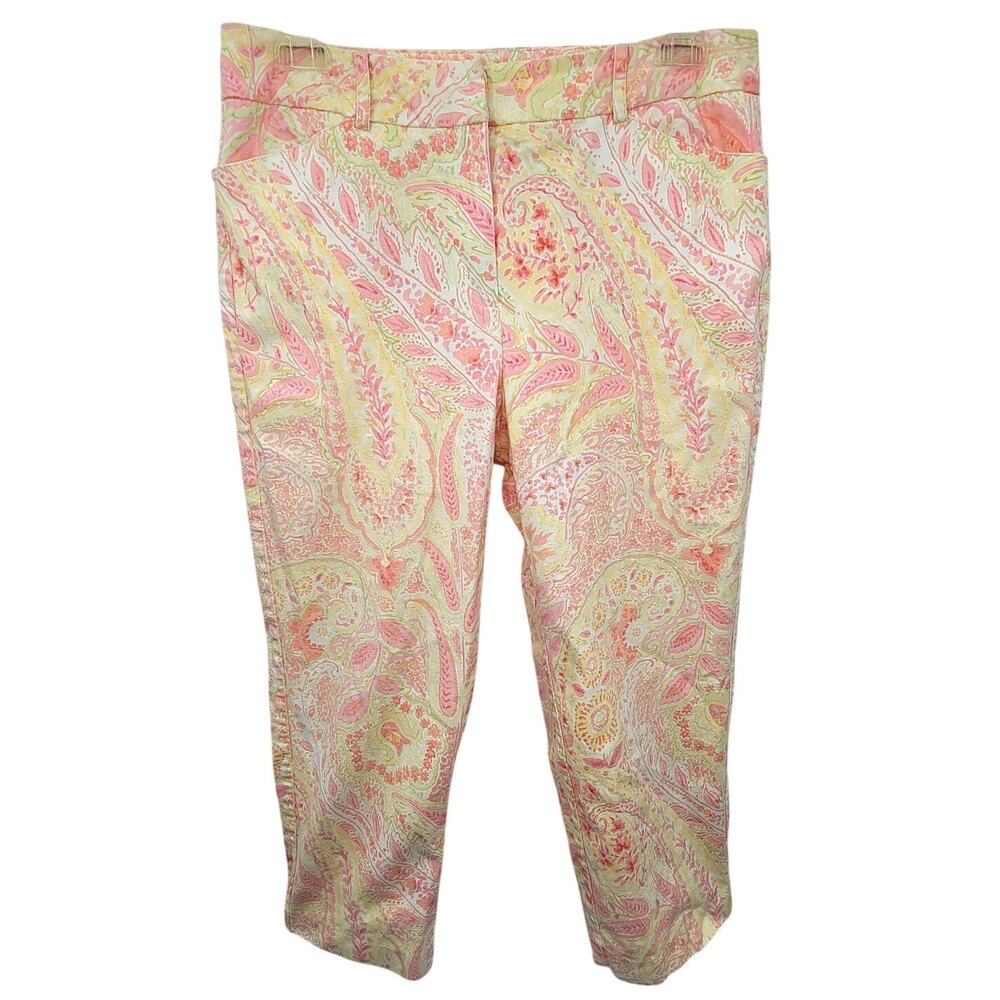 Talbots Pink Yellow‎ Paisley Floral Stretch Pedal Pushers Capri Pants size 10